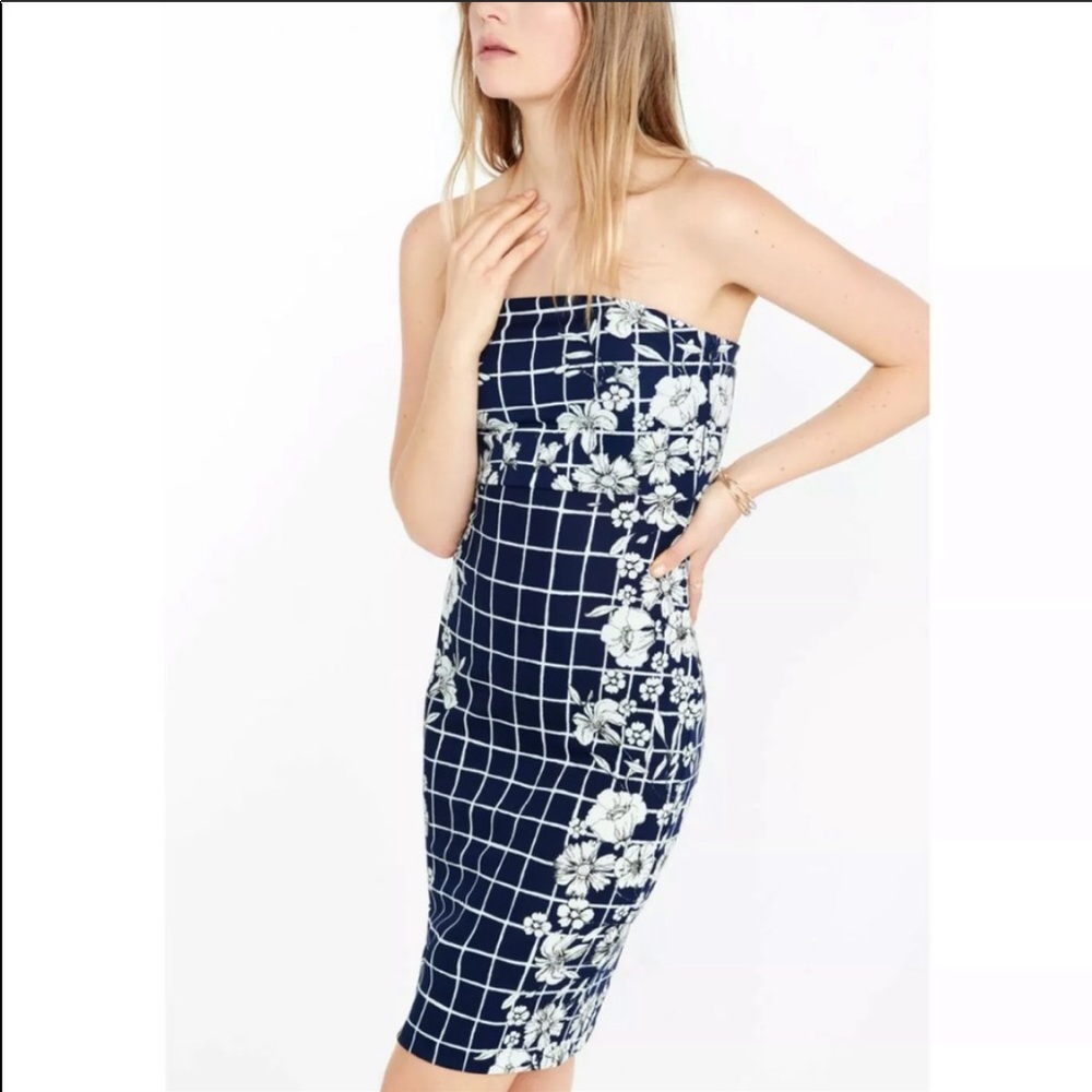 Express Strapless Tube Dress Blue White Floral
